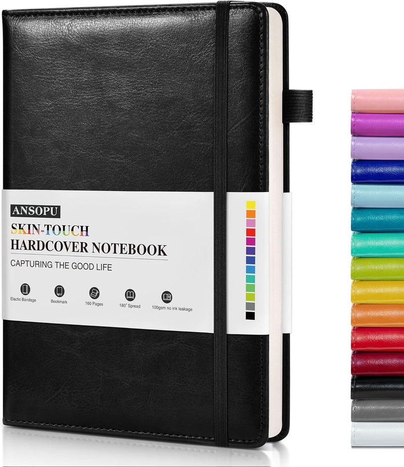 Ansopu Lined Journal Notebook for Writing, A5 100 GSM Thick Paper, Leather Hardcover Journal for Woman Men, Travel Journal Diary 160 Pages(5.75'' X 8.38'' Black) - Image 1